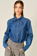 Aaron & Amber - AJT6459 OXFORD DENIM RIBBON TIE BLOUSE SHIRT: DENIM / S-M-L (2-2-2)