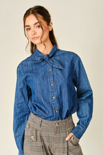 Aaron & Amber - AJT6459 OXFORD DENIM RIBBON TIE BLOUSE SHIRT: DENIM / S-M-L (2-2-2)