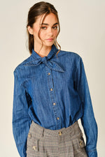 Aaron & Amber - AJT6459 OXFORD DENIM RIBBON TIE BLOUSE SHIRT: DENIM / S-M-L (2-2-2)
