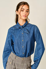 Aaron & Amber - AJT6459 OXFORD DENIM RIBBON TIE BLOUSE SHIRT: DENIM / S-M-L (2-2-2)