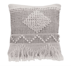 Neutral White & Black Fringe Wool Pillow