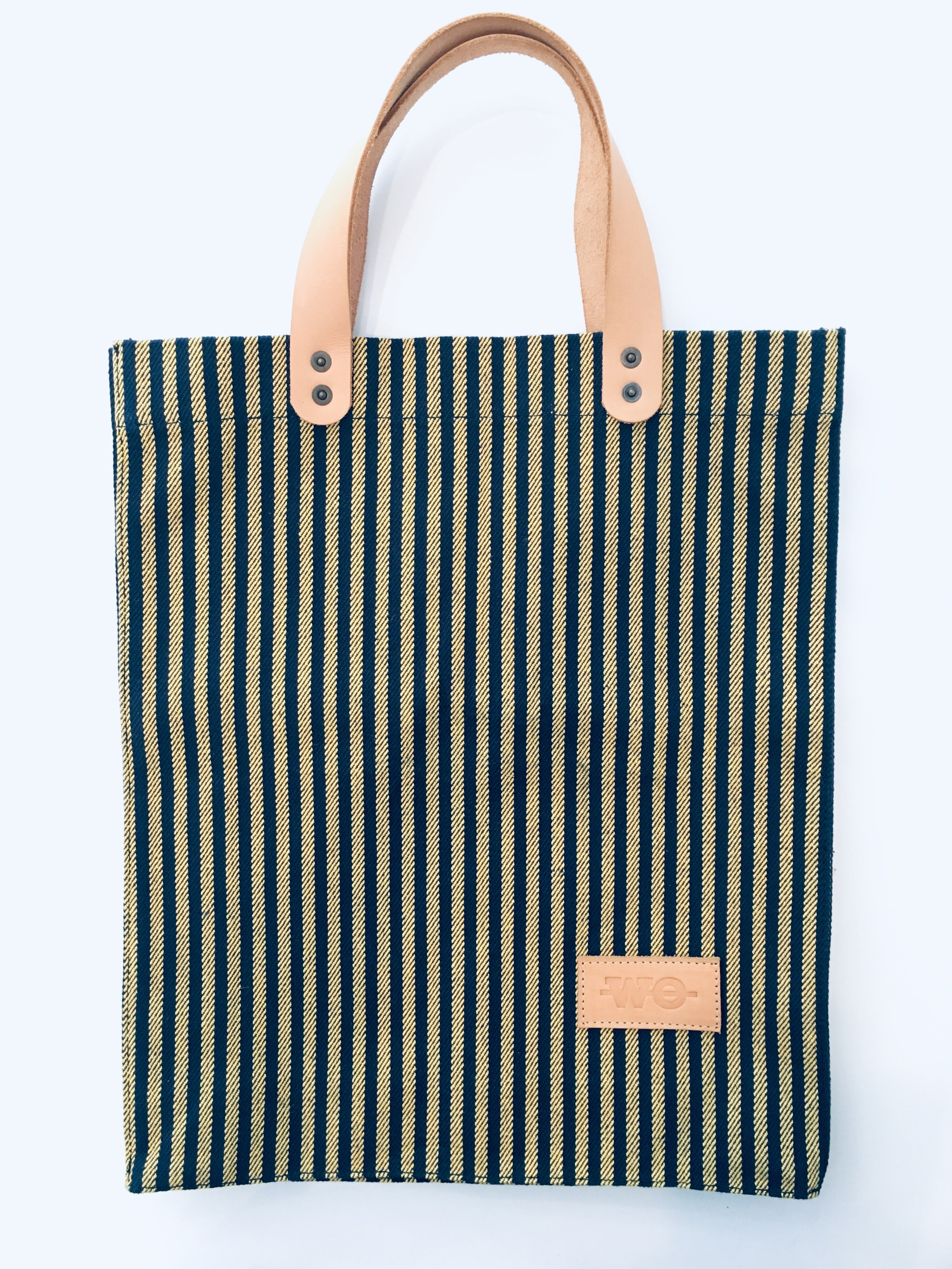 Striped Yellow and Navy Tote with Leather Handles