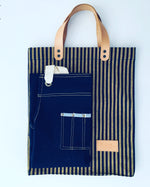 Striped Yellow and Navy Tote with Leather Handles
